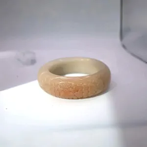 Beige Jade Bangle – Single Peony Carving in Natural Mongolian Stone