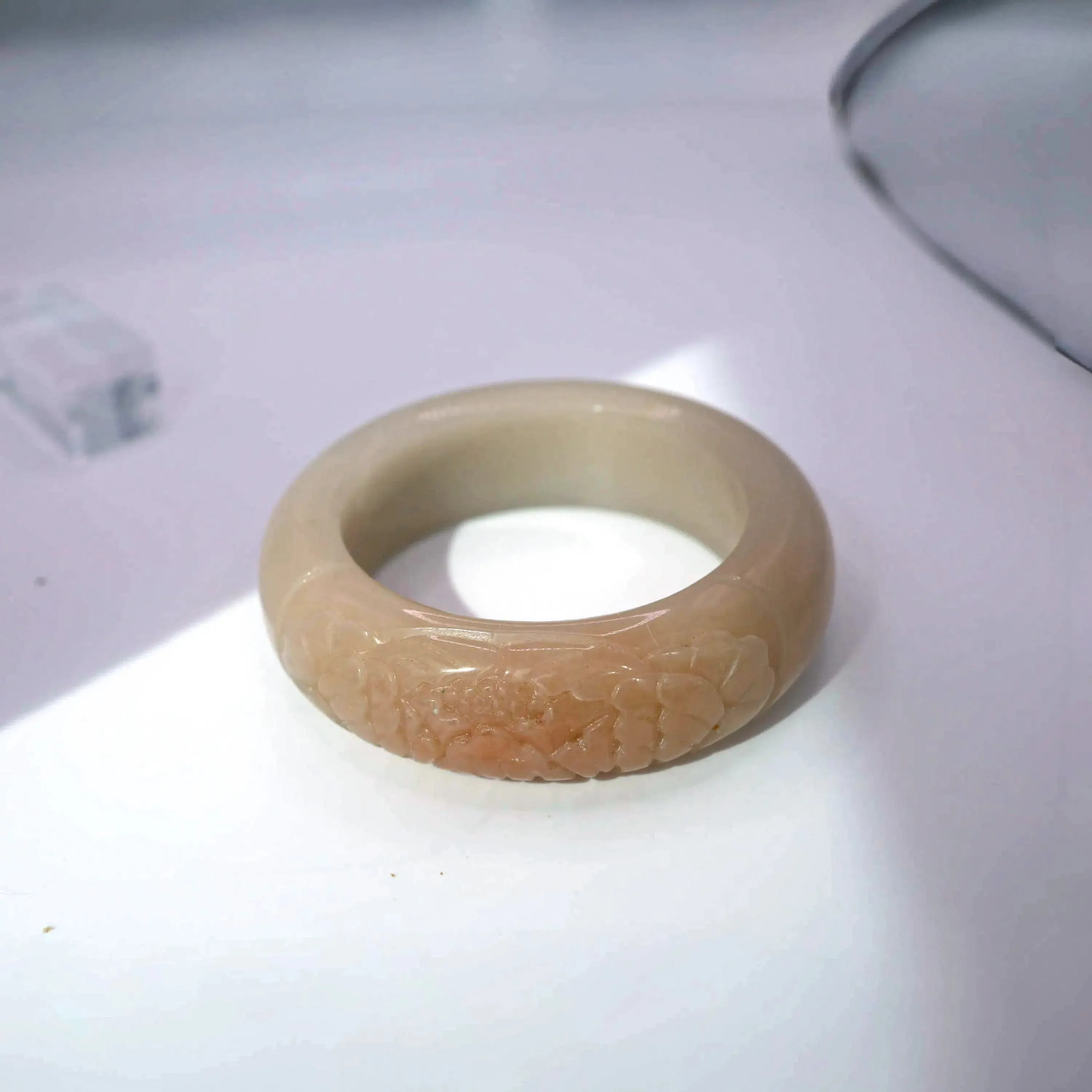 Beige Jade Bangle – Single Peony Carving in Natural Mongolian Stone