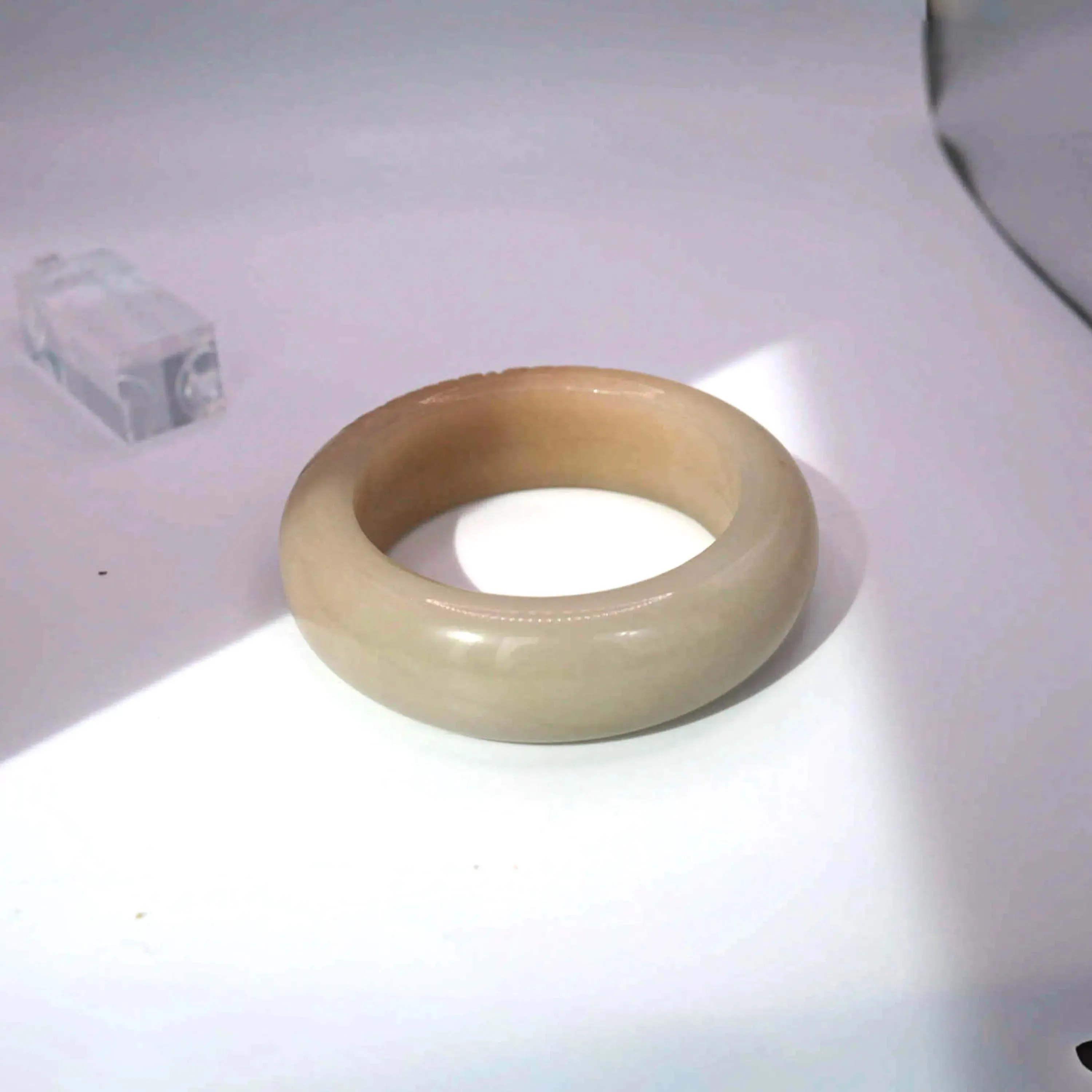 Beige Jade Bangle – Single Peony Carving in Natural Mongolian Stone