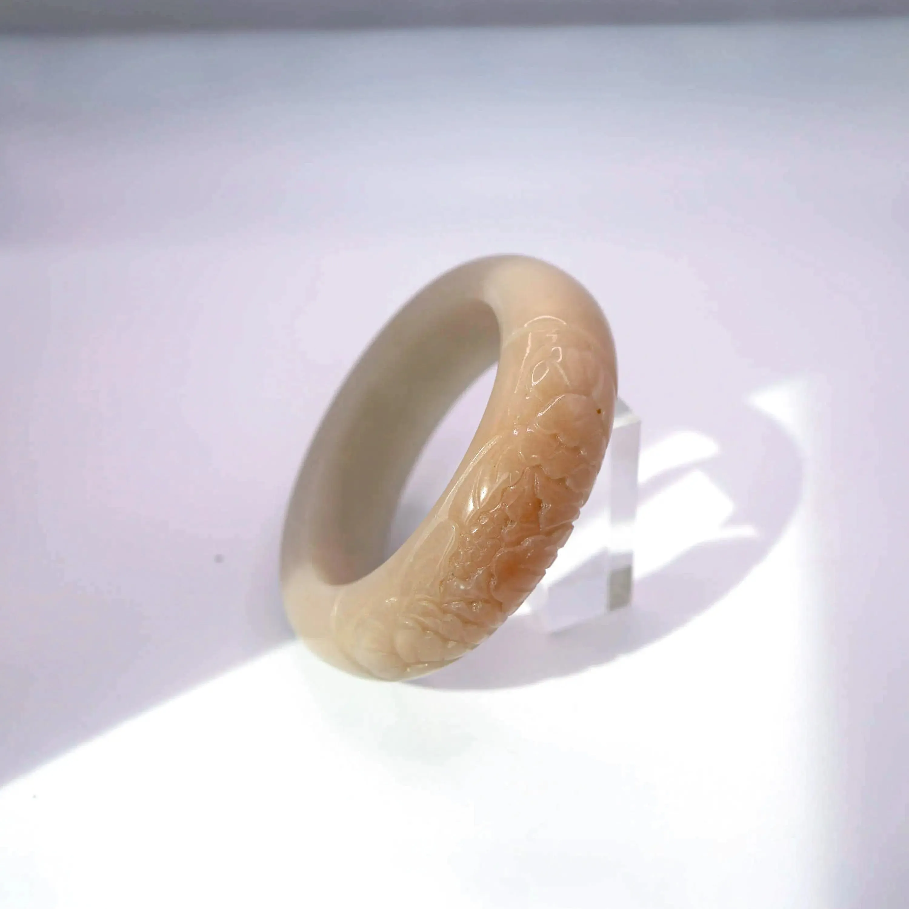Beige Jade Bangle – Single Peony Carving in Natural Mongolian Stone