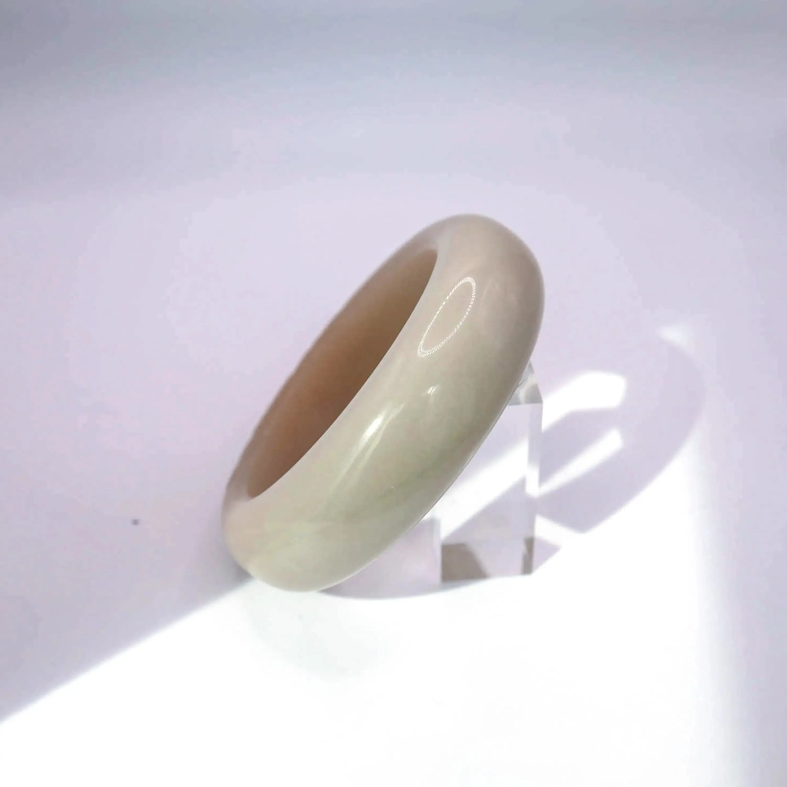Beige Jade Bangle – Single Peony Carving in Natural Mongolian Stone