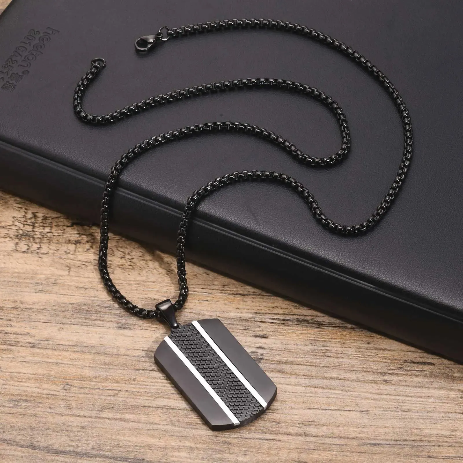 Black DogTag Pendant Necklace with Two White Lines