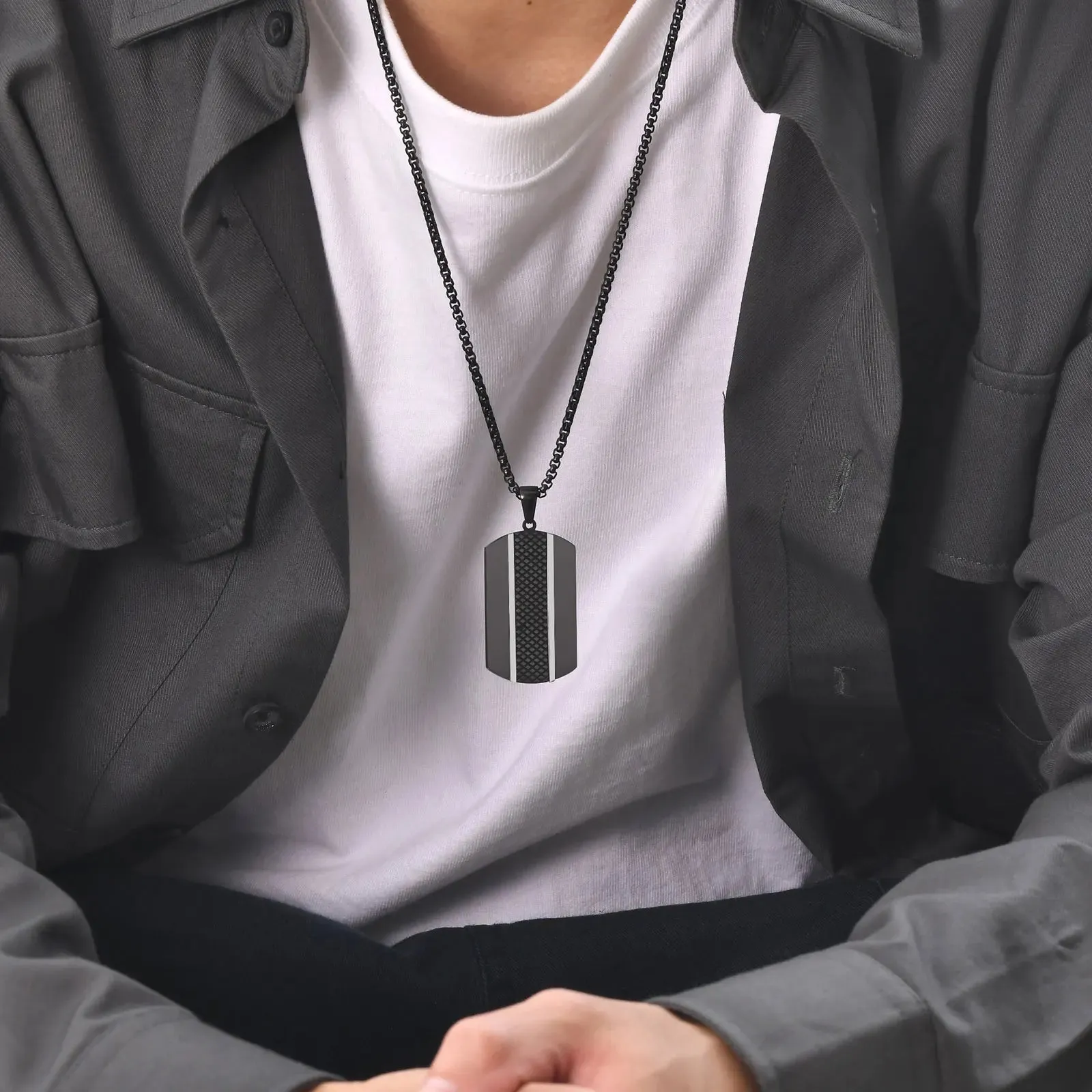 Black DogTag Pendant Necklace with Two White Lines