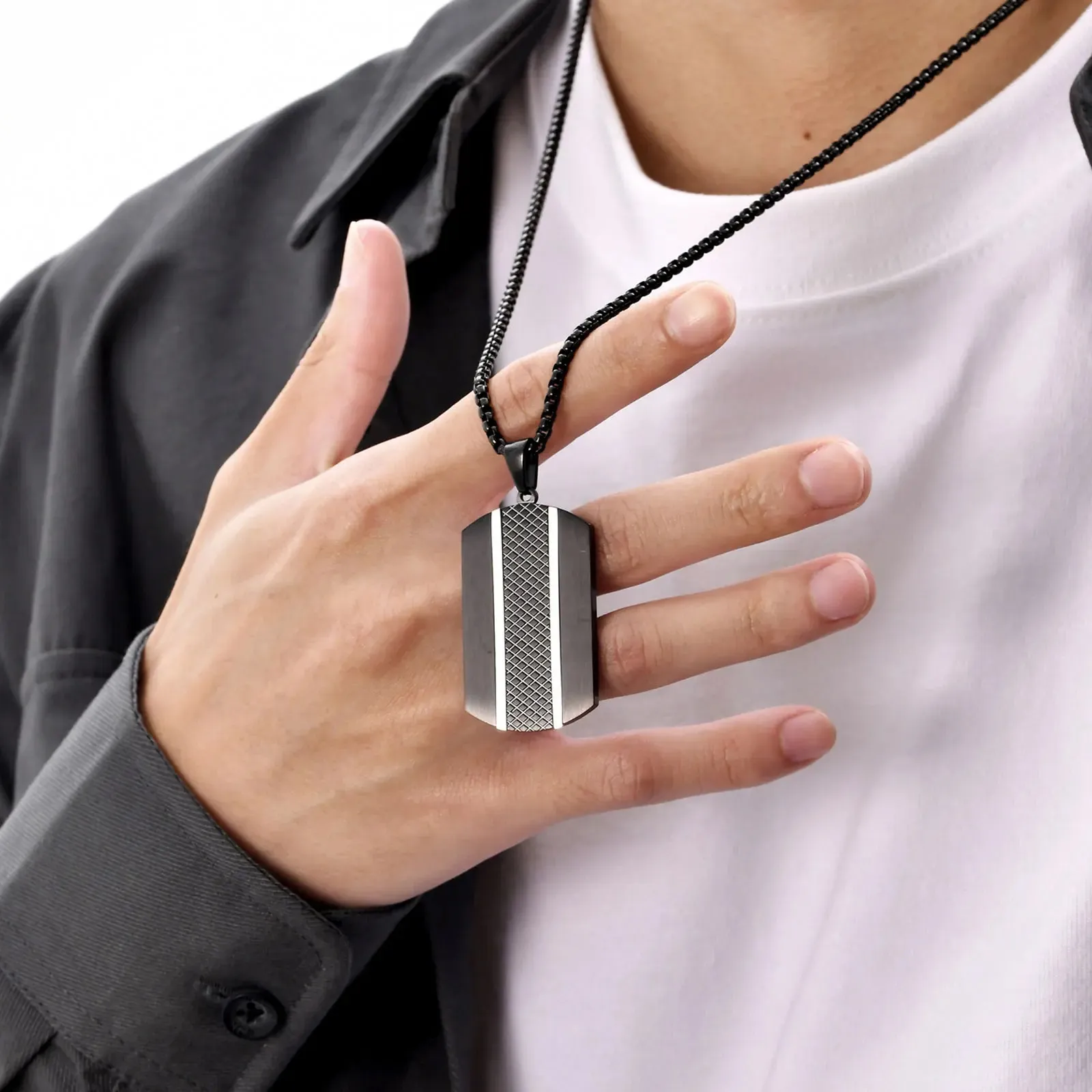 Black DogTag Pendant Necklace with Two White Lines