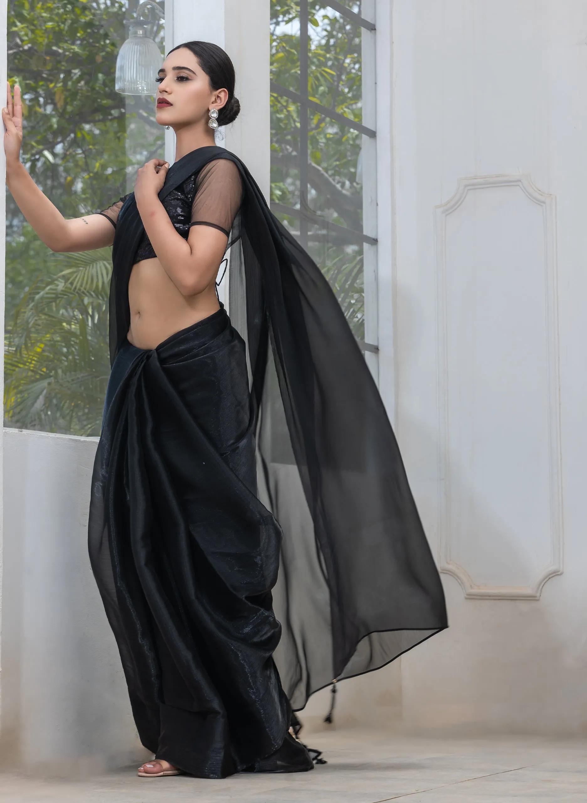 Black Friday Chiffon Organza Saree with Mirror Pendants and Blouse Fabric