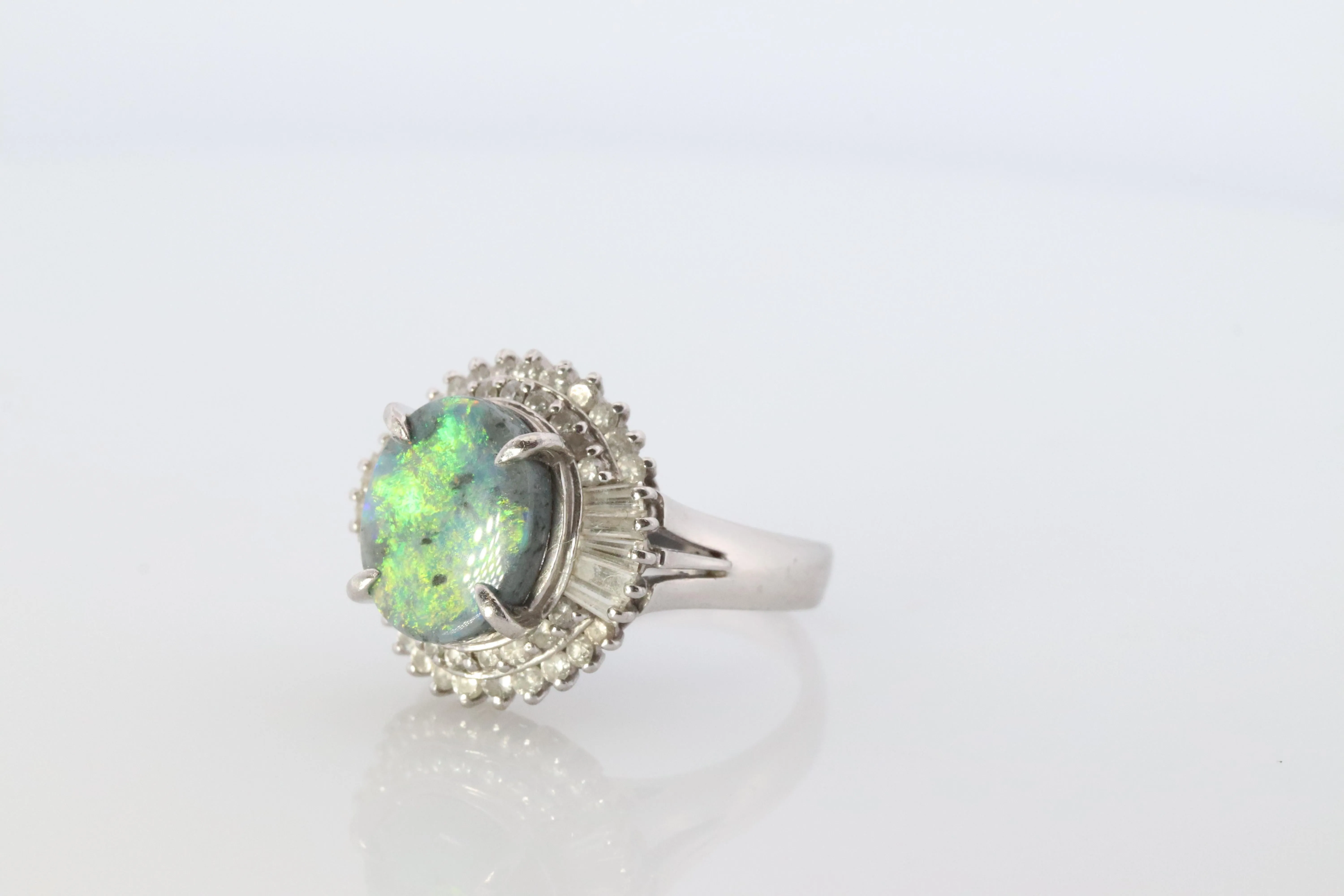 Black Opal Diamond Ring. PT850 Platinum Opal Diamond Halo Ballerina Ring Band.