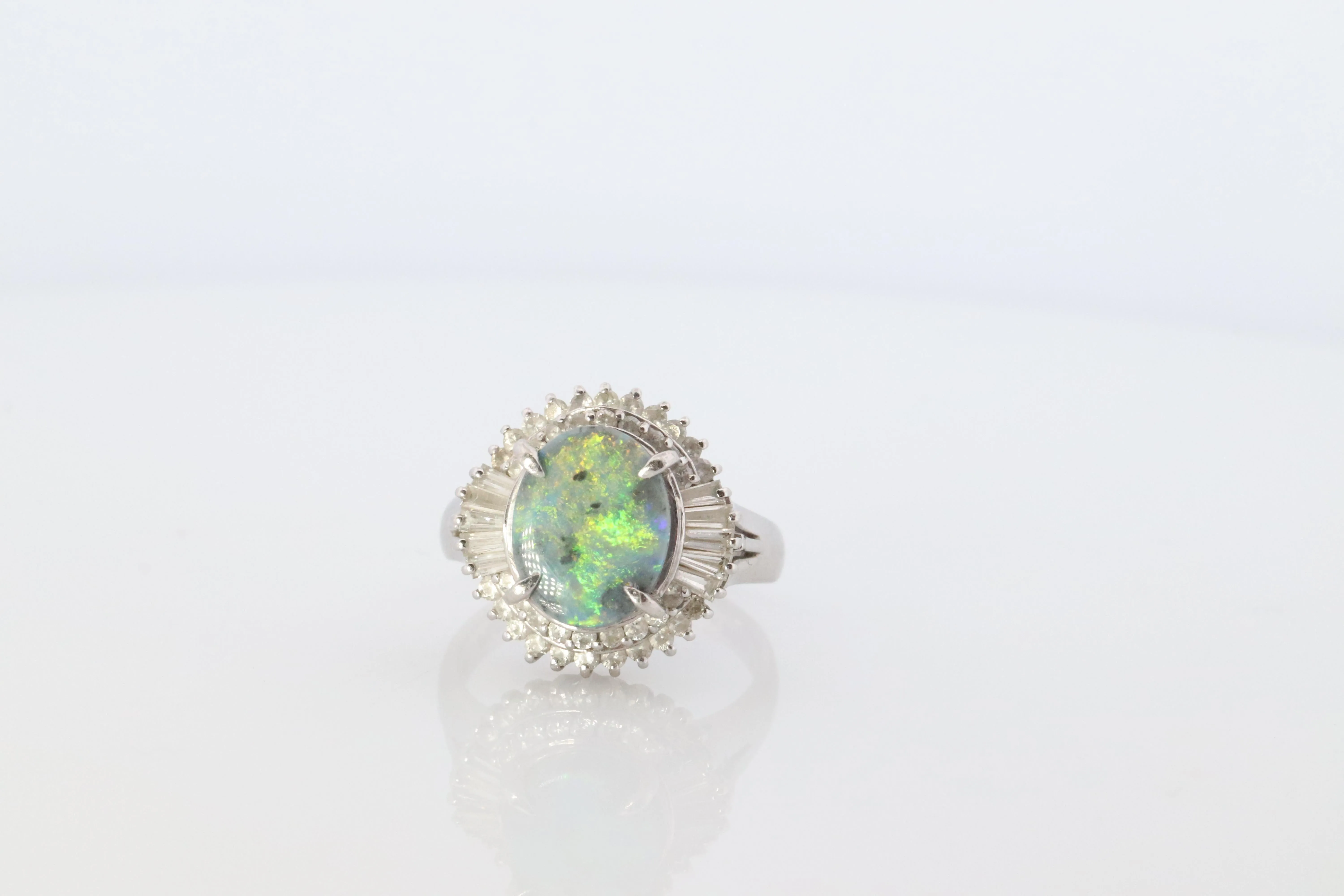 Black Opal Diamond Ring. PT850 Platinum Opal Diamond Halo Ballerina Ring Band.