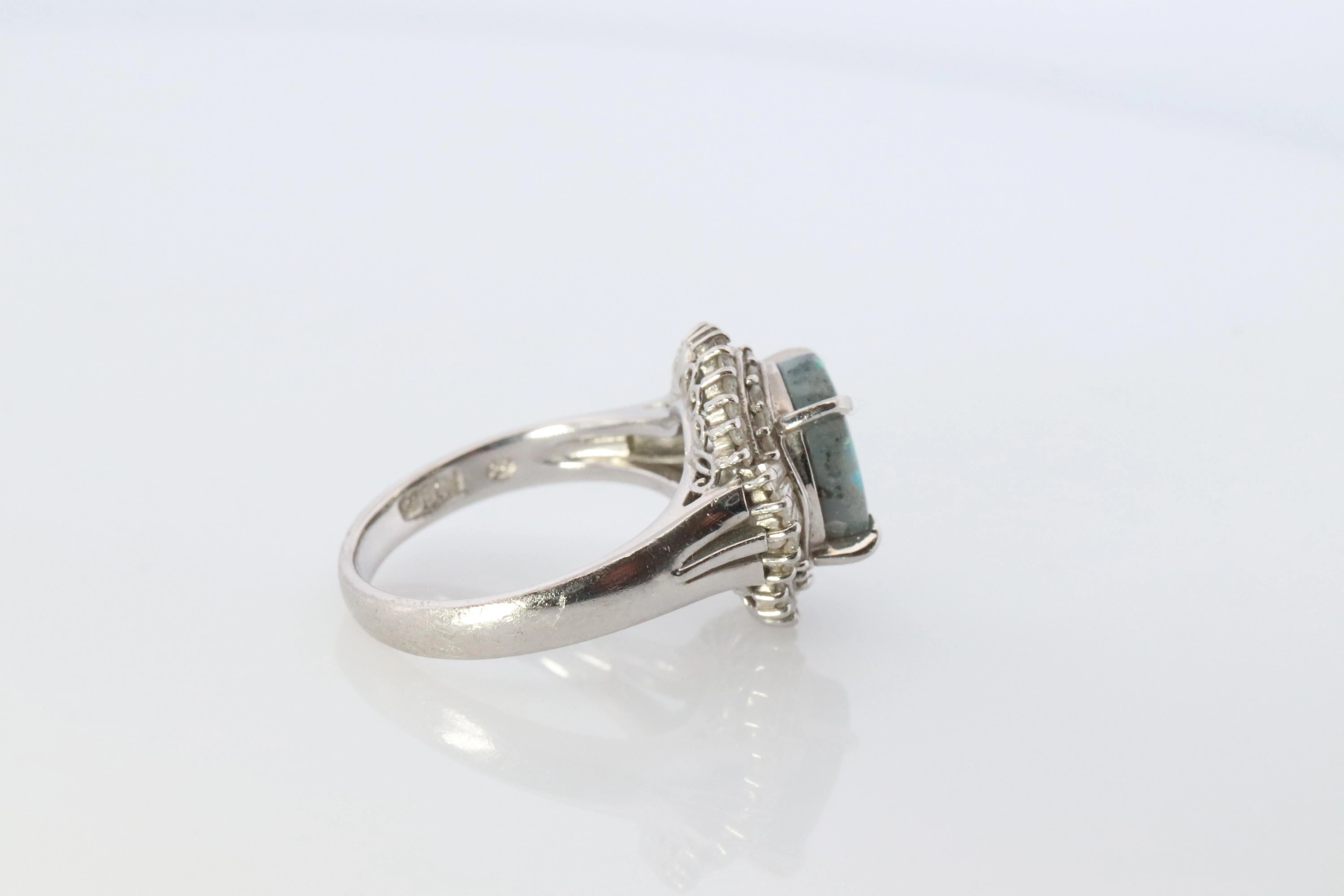 Black Opal Diamond Ring. PT850 Platinum Opal Diamond Halo Ballerina Ring Band.