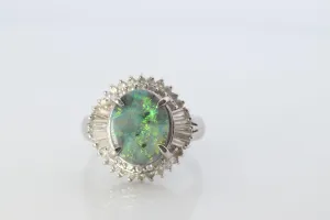 Black Opal Diamond Ring. PT850 Platinum Opal Diamond Halo Ballerina Ring Band.