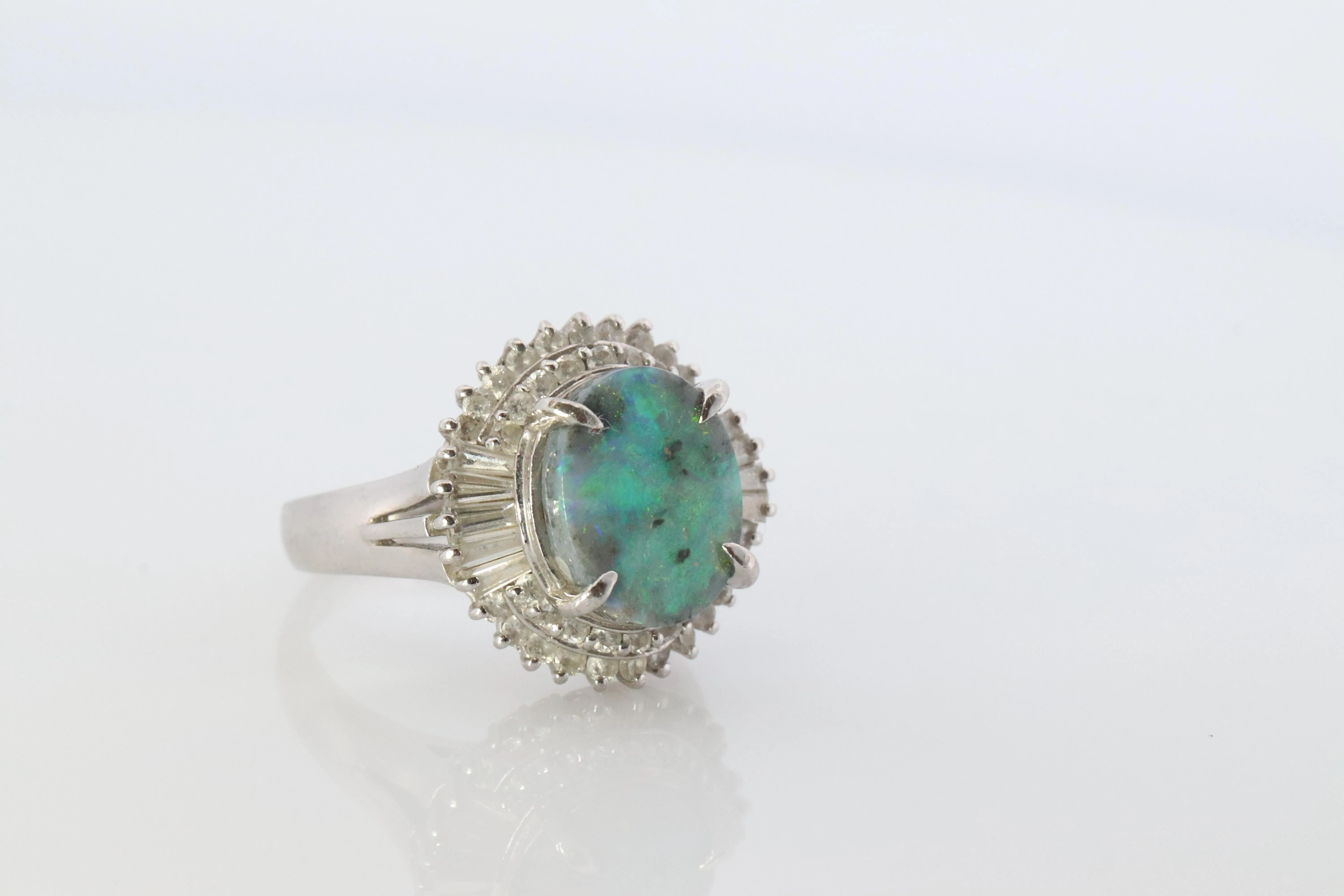 Black Opal Diamond Ring. PT850 Platinum Opal Diamond Halo Ballerina Ring Band.