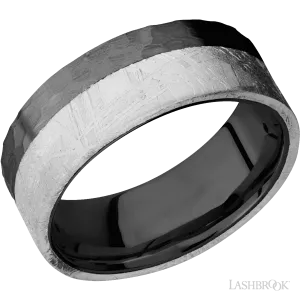 Black Zirconium flat band with an edge meteorite inlay Hammered Finish- 8MM