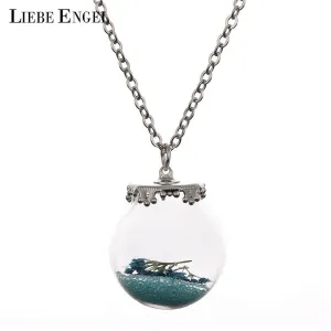 Blue Bead Glass Dried Flower Bottle Necklace Pendant