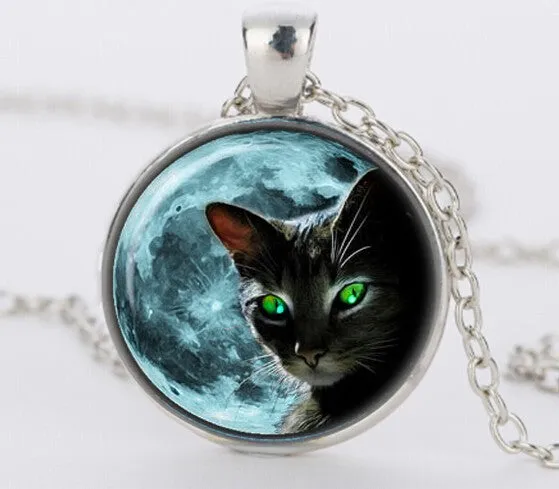 Blue Moon Black Cat Glass Necklace for women