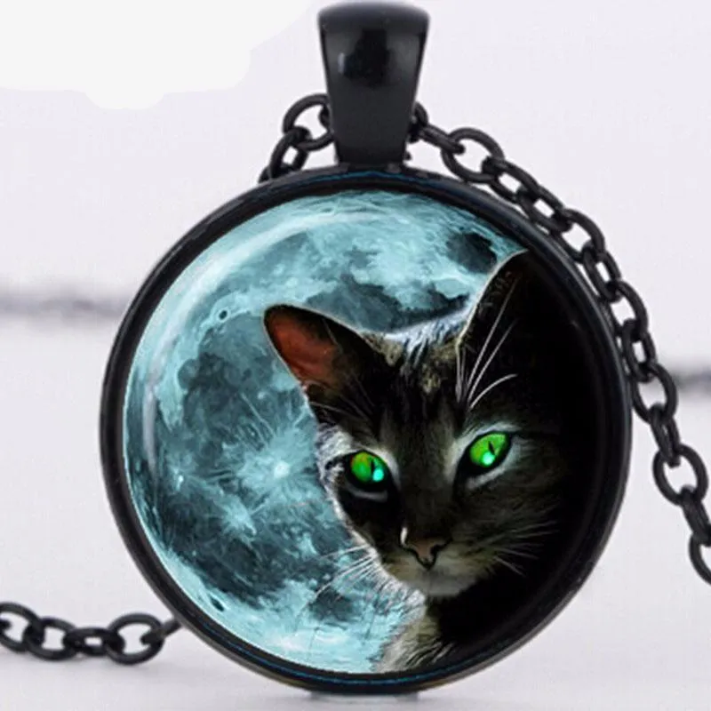 Blue Moon Black Cat Glass Necklace for women