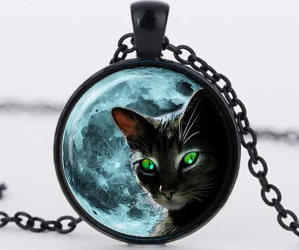 Blue Moon Black Cat Glass Necklace for women
