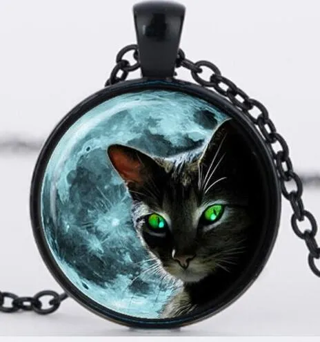 Blue Moon Black Cat Glass Necklace for women