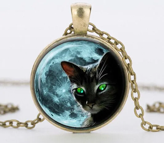 Blue Moon Black Cat Glass Necklace for women