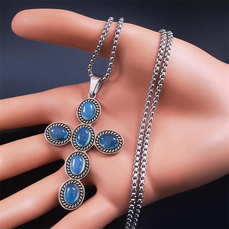 Bohemian Cross Pendant Necklace Stainless Steel Natural Stone Simple Chain Christian Necklaces Gift Jewellery