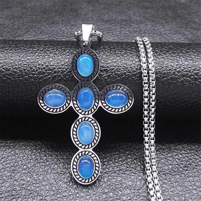 Bohemian Cross Pendant Necklace Stainless Steel Natural Stone Simple Chain Christian Necklaces Gift Jewellery