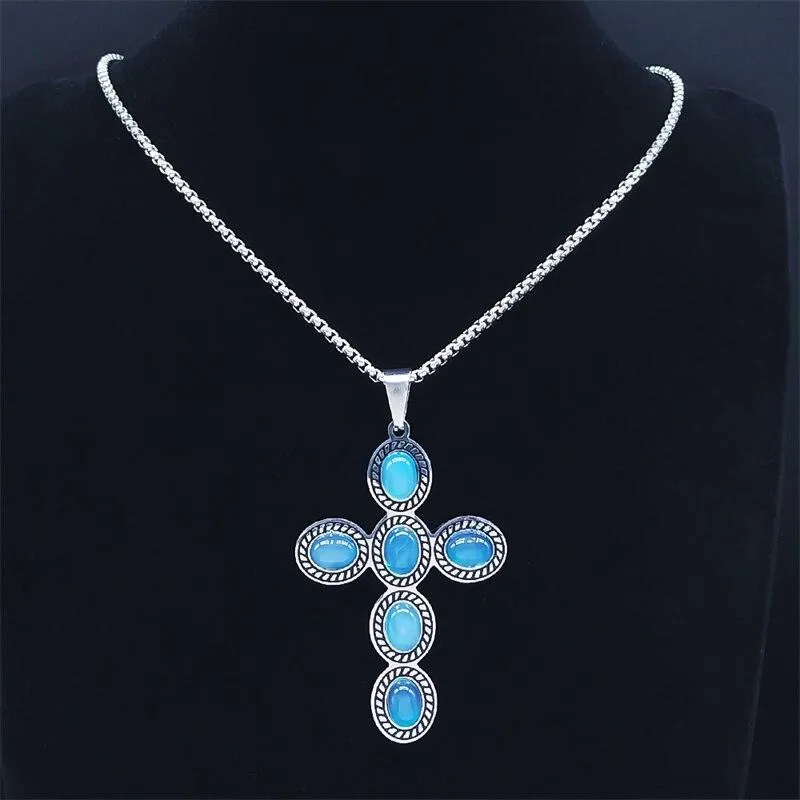 Bohemian Cross Pendant Necklace Stainless Steel Natural Stone Simple Chain Christian Necklaces Gift Jewellery