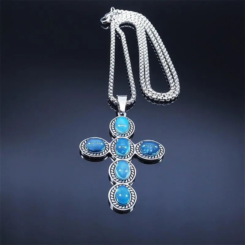 Bohemian Cross Pendant Necklace Stainless Steel Natural Stone Simple Chain Christian Necklaces Gift Jewellery
