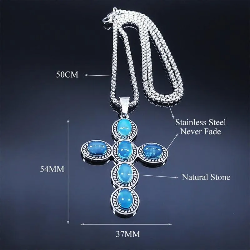 Bohemian Cross Pendant Necklace Stainless Steel Natural Stone Simple Chain Christian Necklaces Gift Jewellery