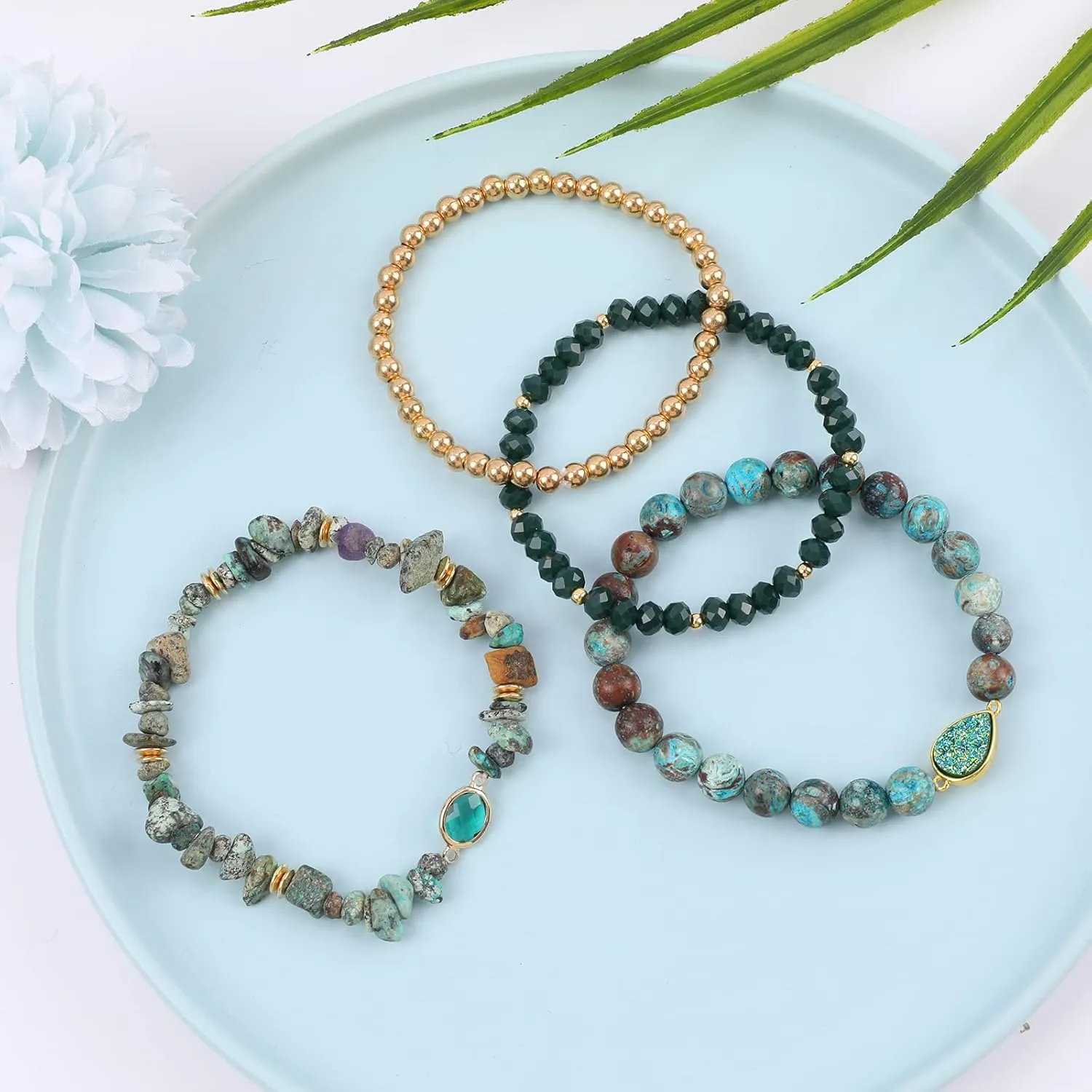 Bohemian Natural Stone Beaded Bracelets for Women Men Stackable Stretch Beads Bracelet Set with Charm and Tassel Multilayered Elastic Gemstone Bracelets Summer Beach Boho Jewelry Gift for Women