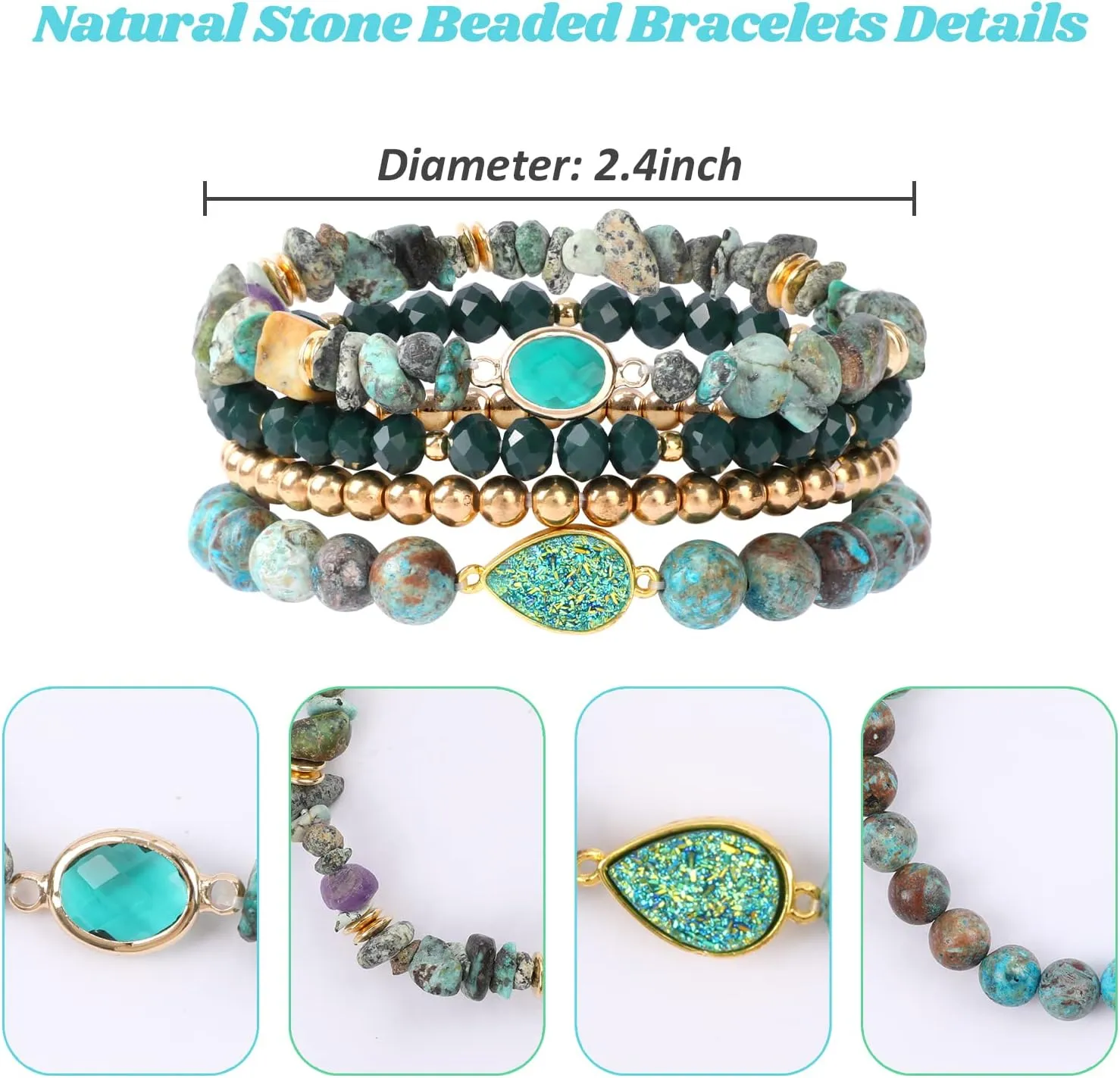 Bohemian Natural Stone Beaded Bracelets for Women Men Stackable Stretch Beads Bracelet Set with Charm and Tassel Multilayered Elastic Gemstone Bracelets Summer Beach Boho Jewelry Gift for Women