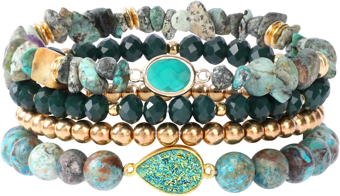 Bohemian Natural Stone Beaded Bracelets for Women Men Stackable Stretch Beads Bracelet Set with Charm and Tassel Multilayered Elastic Gemstone Bracelets Summer Beach Boho Jewelry Gift for Women