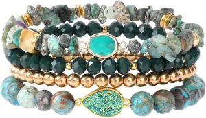 Bohemian Natural Stone Beaded Bracelets for Women Men Stackable Stretch Beads Bracelet Set with Charm and Tassel Multilayered Elastic Gemstone Bracelets Summer Beach Boho Jewelry Gift for Women