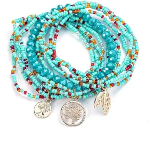 Boho Multilayer Stackable Bracelets Crystal Beaded Bracelets Set Cyan Blue Bohemian Handmade Beaded Bracelets Strand Statement for Women Jewelry