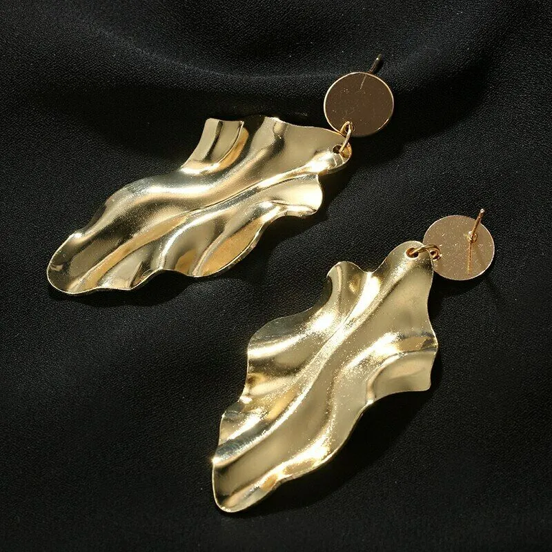 Bold Gold Plated Leafy Geomertric Dangle Drop Earrings