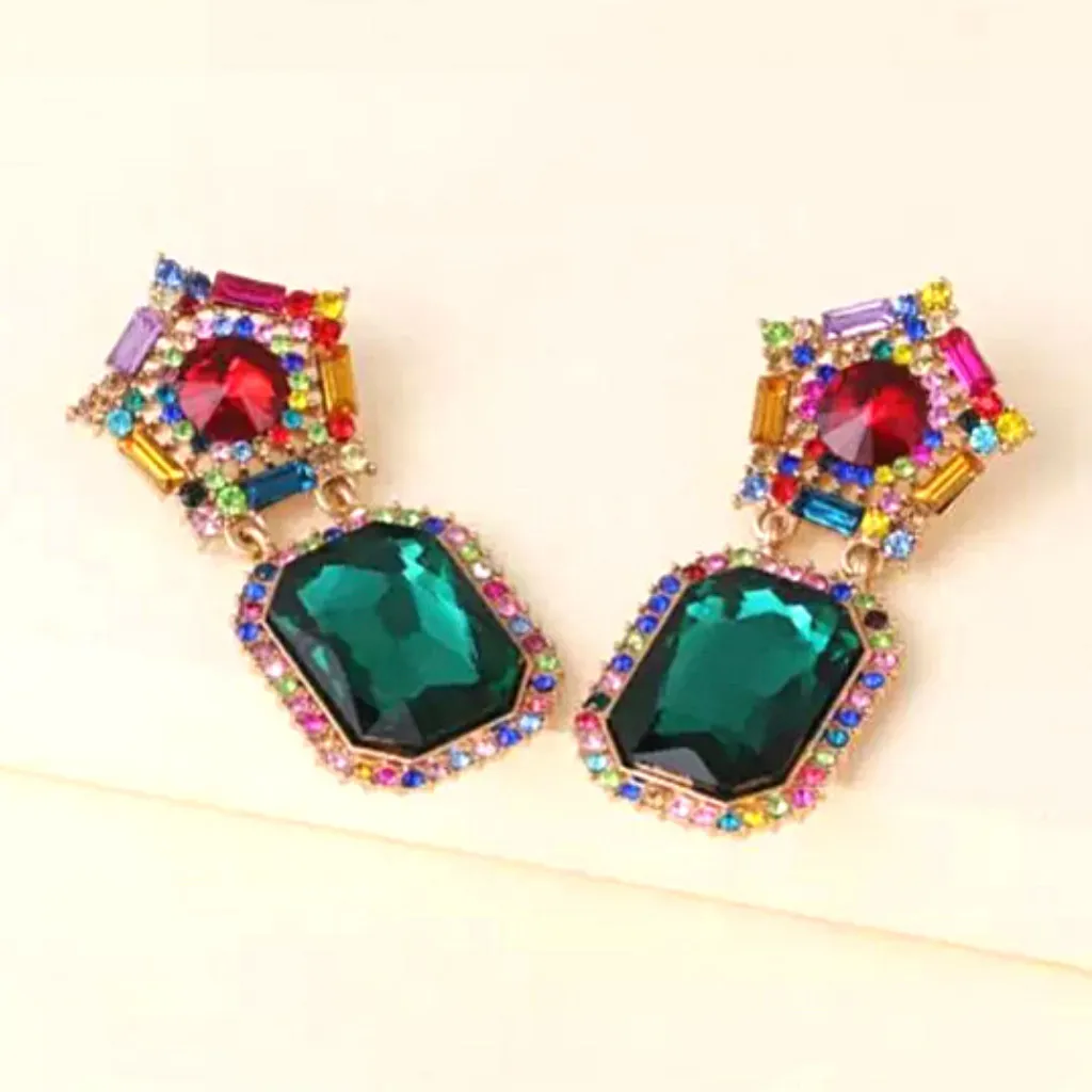 Bold Green Rhinestone Dangle Earrings