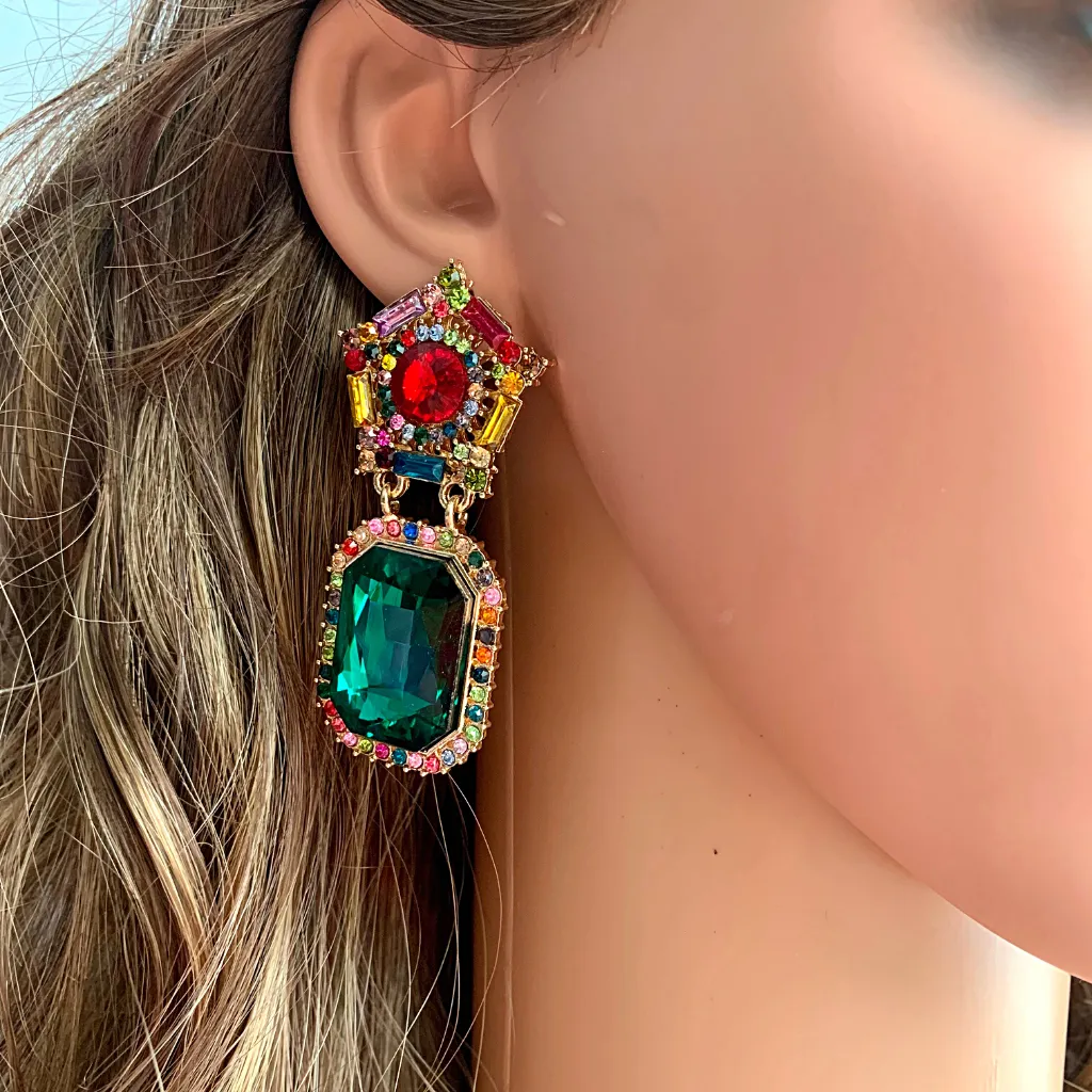 Bold Green Rhinestone Dangle Earrings