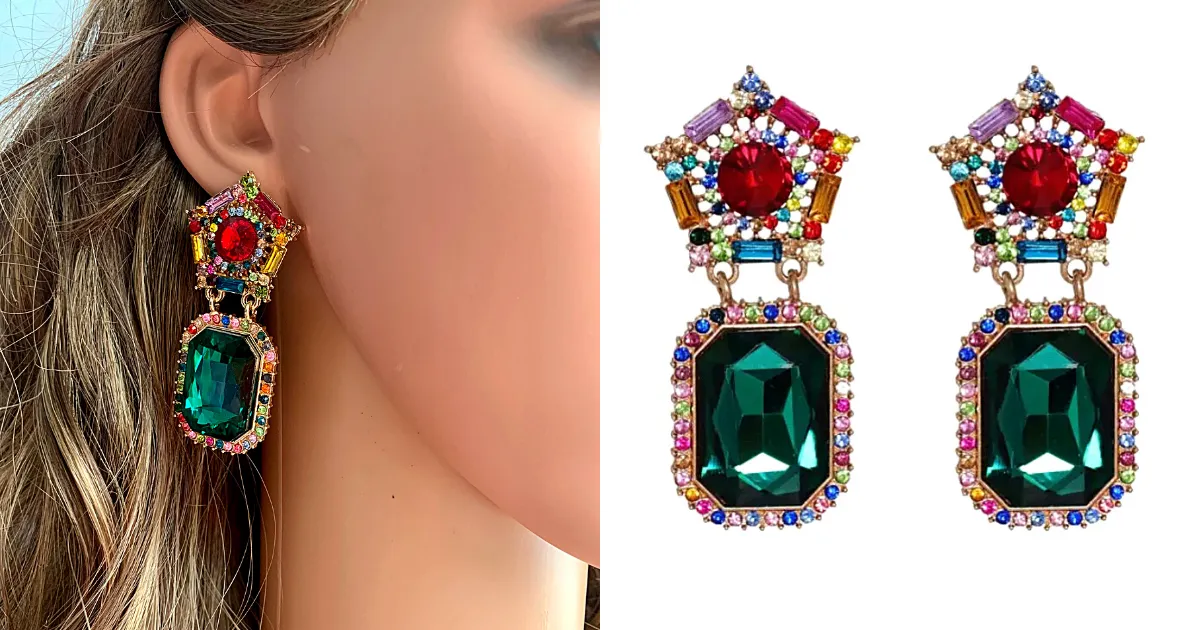 Bold Green Rhinestone Dangle Earrings