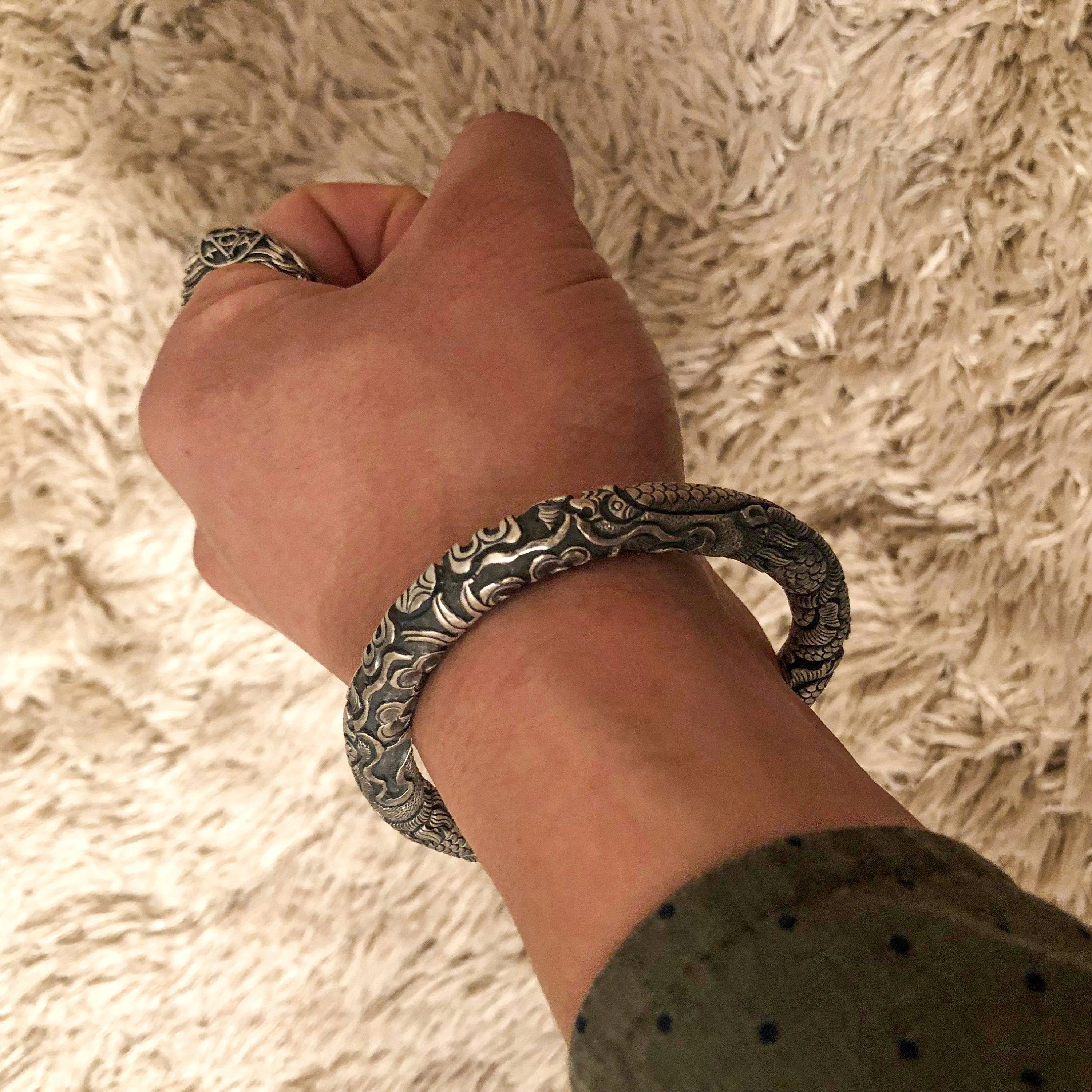 Bold Sterling Silver Dragon Bracelet, Handmade Artisan Unisex Silver Cuff Bracelet, Mens Silver Bangle, Ancient Loong Gift for Him Father
