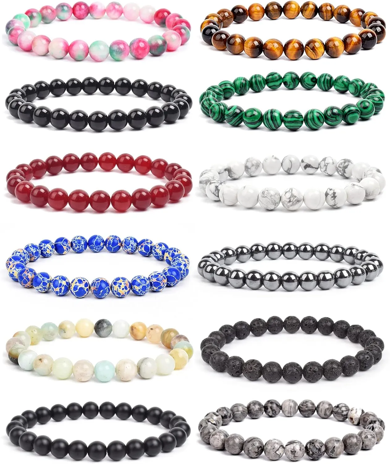 BOMAIL 12Pcs Natural Semi-Precious Gemstones Bracelets -8mm Round Beaded Bracelets for Men Women Reiki Healing Crystals Beads Stretch Bracelet