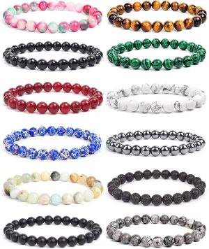 BOMAIL 12Pcs Natural Semi-Precious Gemstones Bracelets -8mm Round Beaded Bracelets for Men Women Reiki Healing Crystals Beads Stretch Bracelet