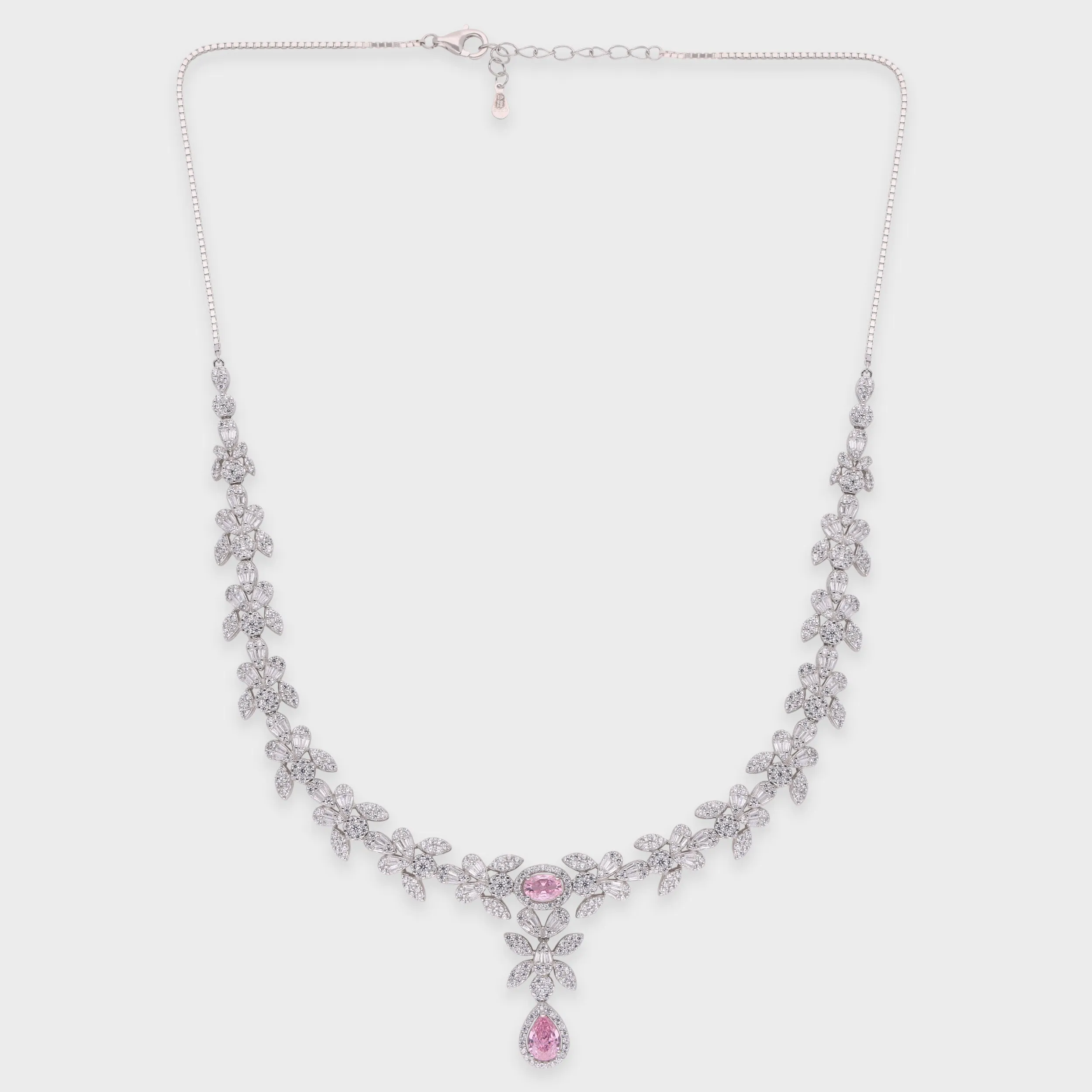 Botanical Cluster Necklace with Pear Drop – Silver & Rose-Tone Variants | SKU : 0021188725, 0021188701, 0003526200, 0003525388