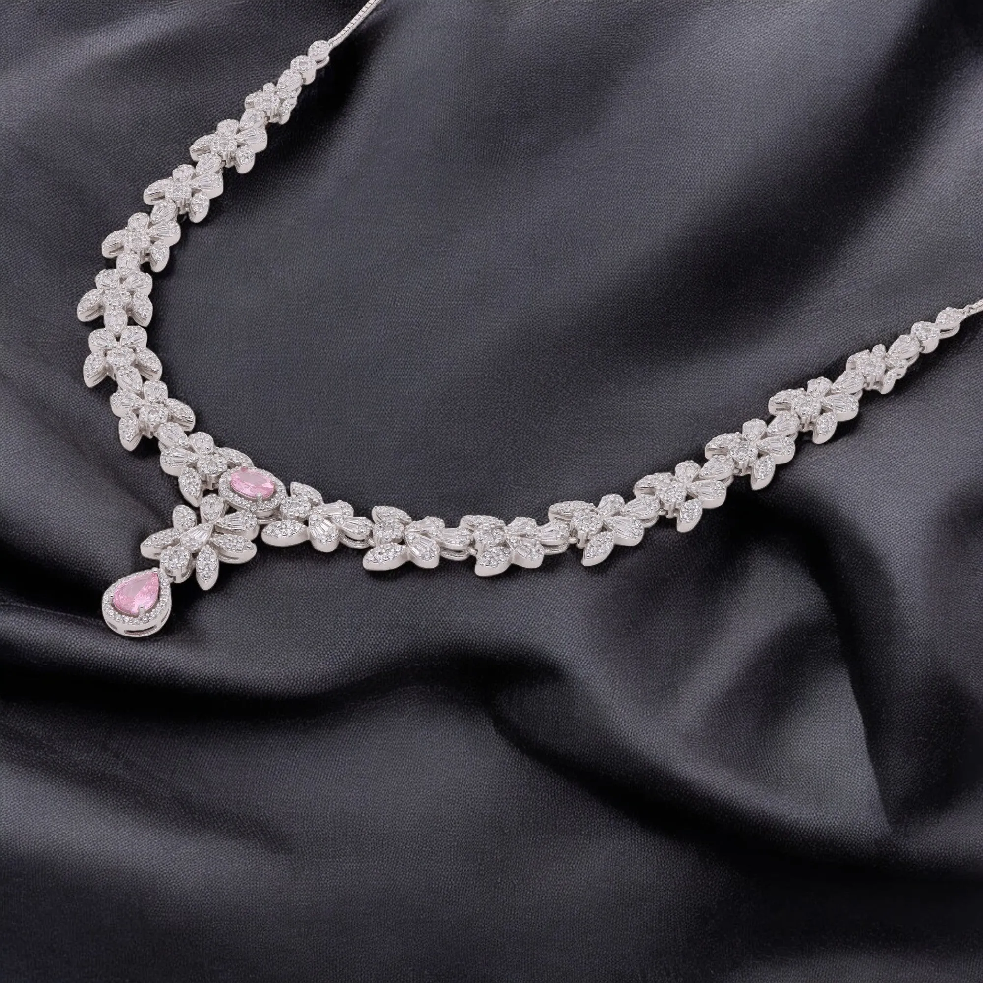 Botanical Cluster Necklace with Pear Drop – Silver & Rose-Tone Variants | SKU : 0021188725, 0021188701, 0003526200, 0003525388