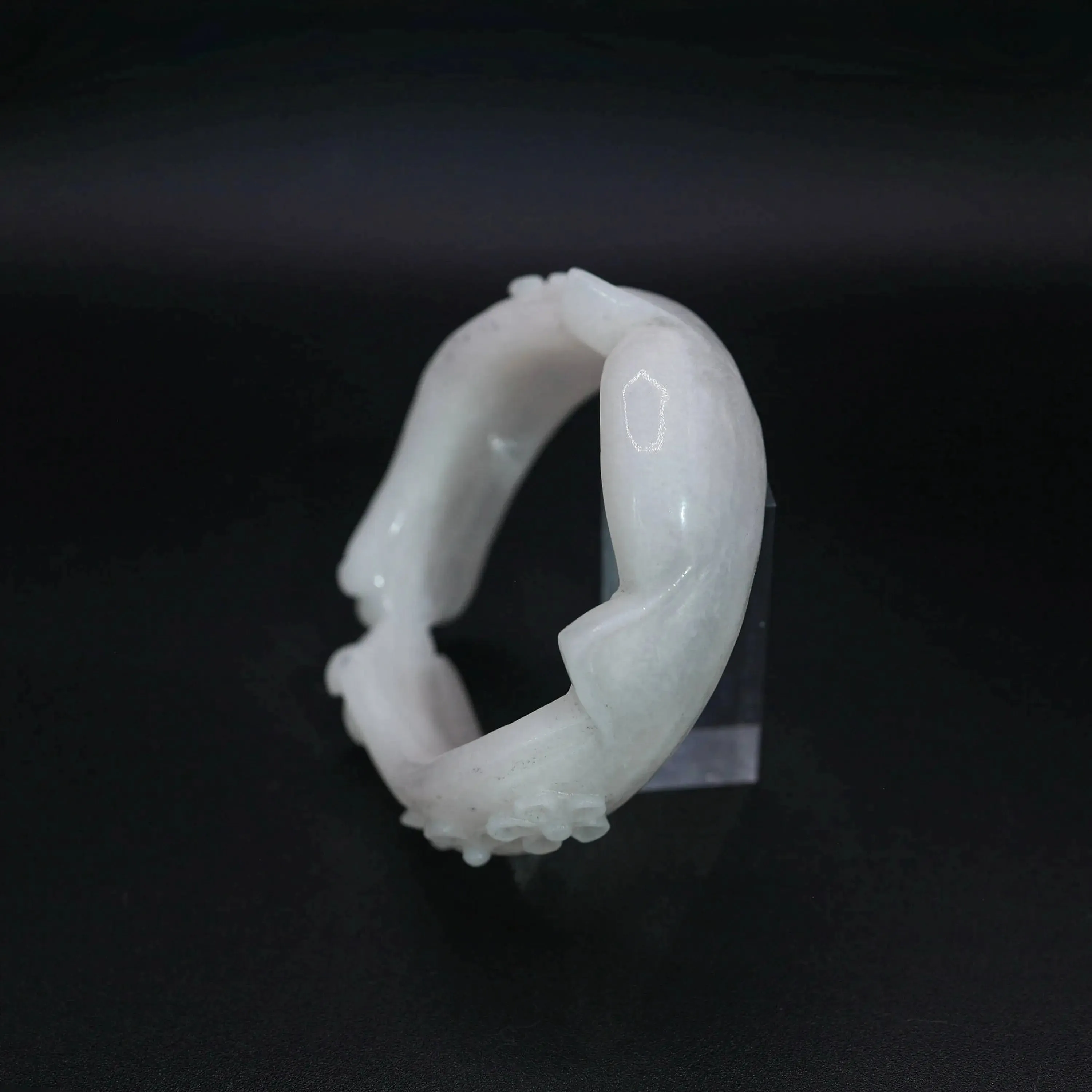 Cat Ear Bracelet – Hand-Carved White Jade Bangle with Floral & Paw Motif