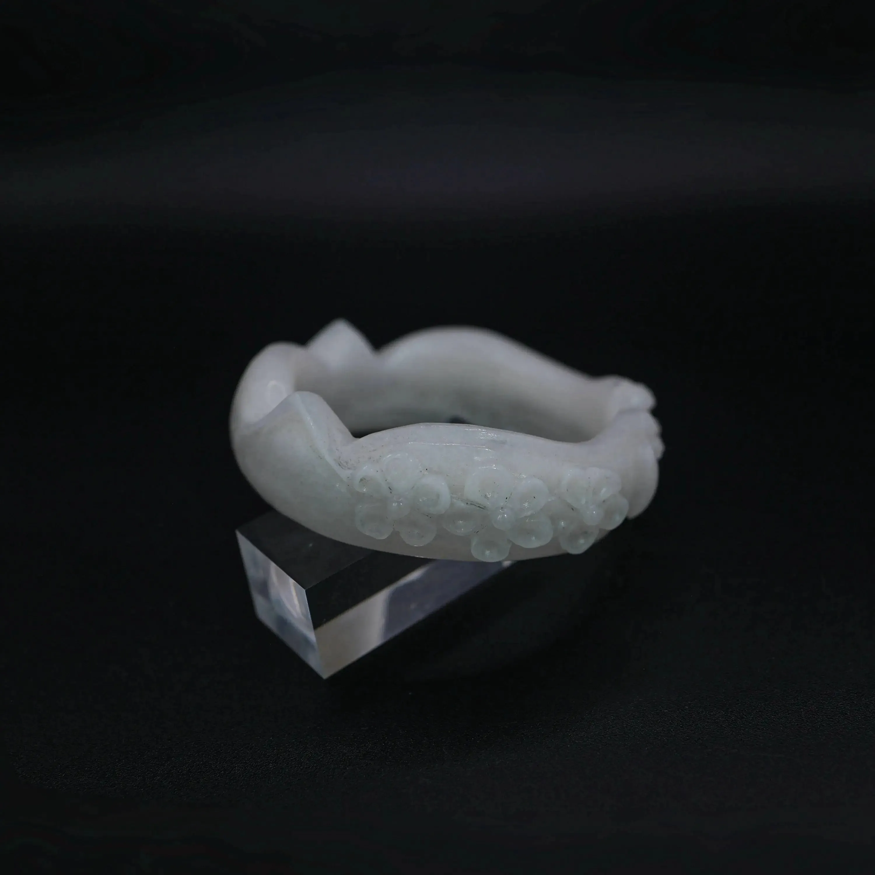 Cat Ear Bracelet – Hand-Carved White Jade Bangle with Floral & Paw Motif