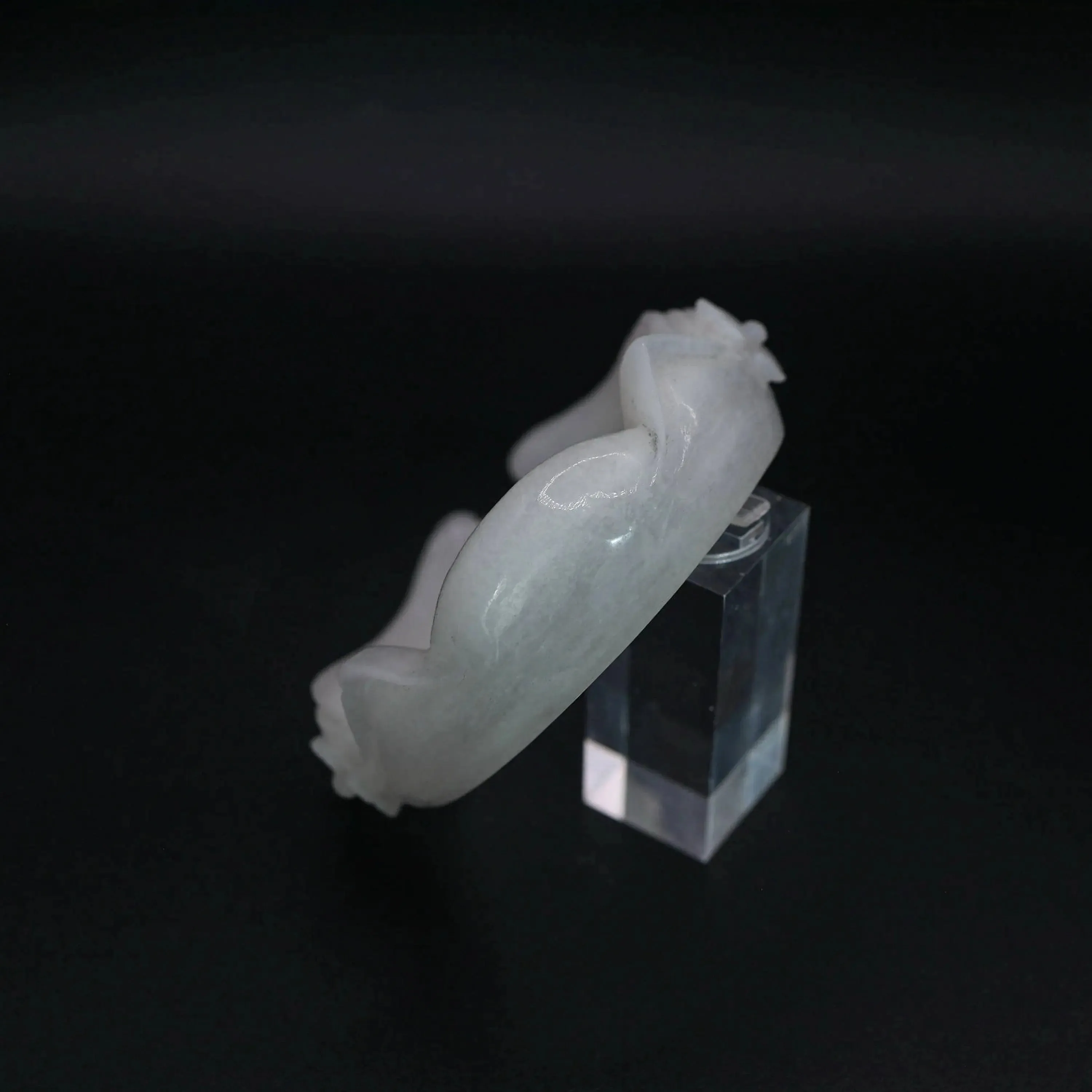 Cat Ear Bracelet – Hand-Carved White Jade Bangle with Floral & Paw Motif