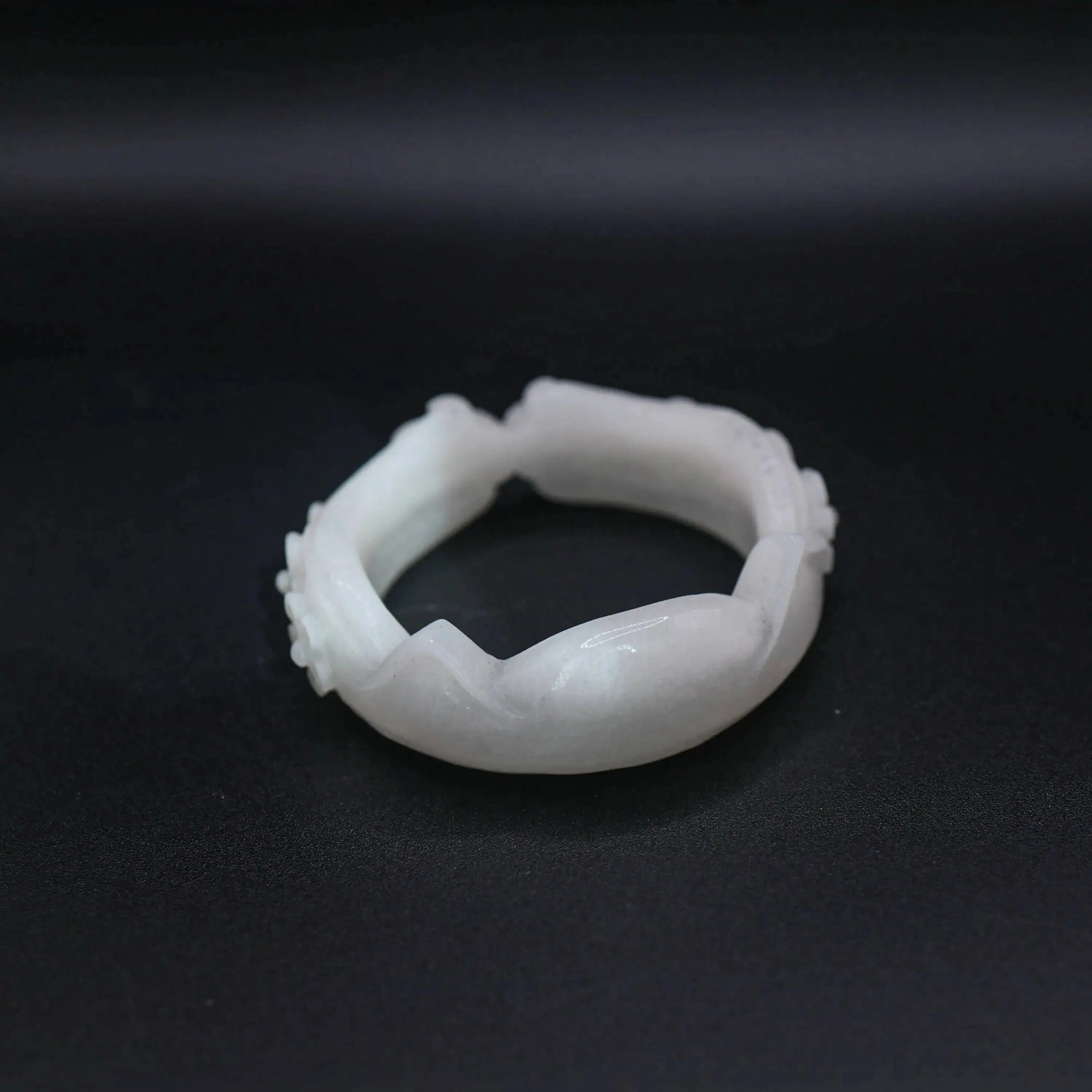 Cat Ear Bracelet – Hand-Carved White Jade Bangle with Floral & Paw Motif