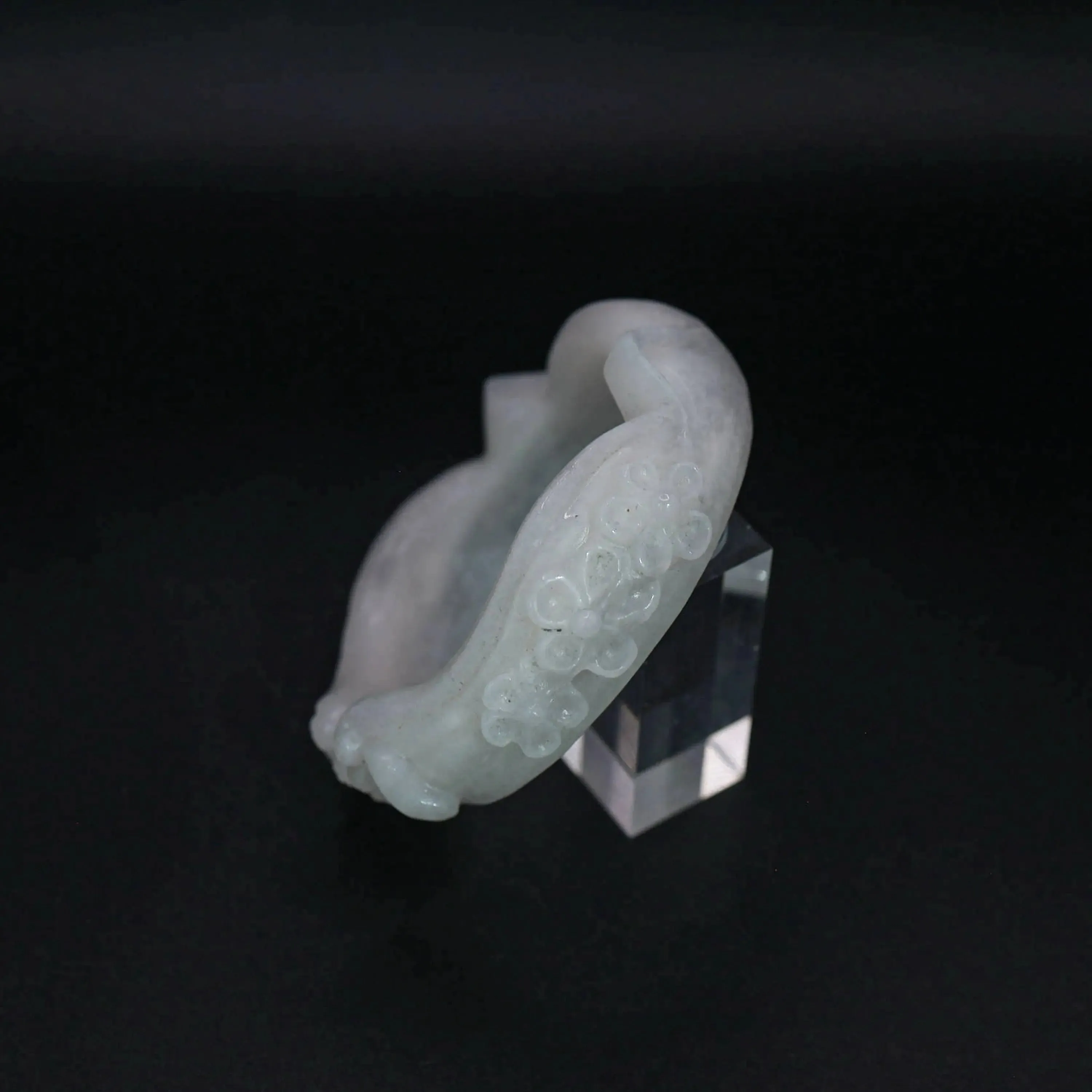 Cat Ear Bracelet – Hand-Carved White Jade Bangle with Floral & Paw Motif