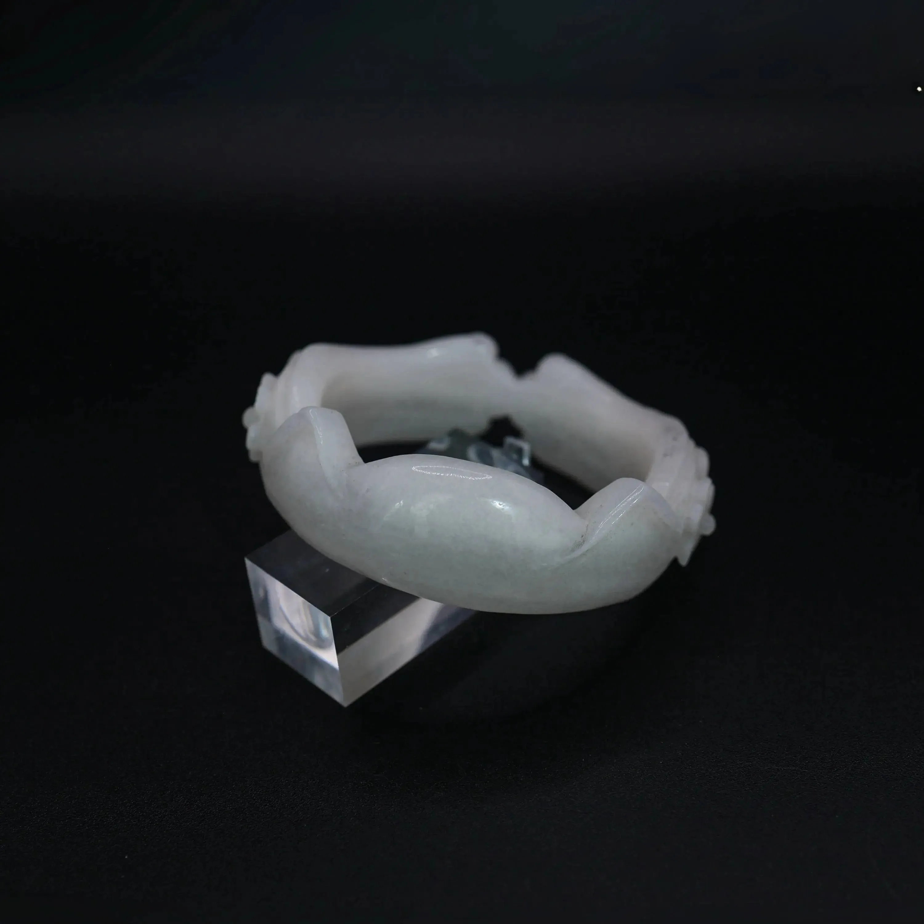 Cat Ear Bracelet – Hand-Carved White Jade Bangle with Floral & Paw Motif