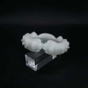 Cat Ear Bracelet – Hand-Carved White Jade Bangle with Floral & Paw Motif