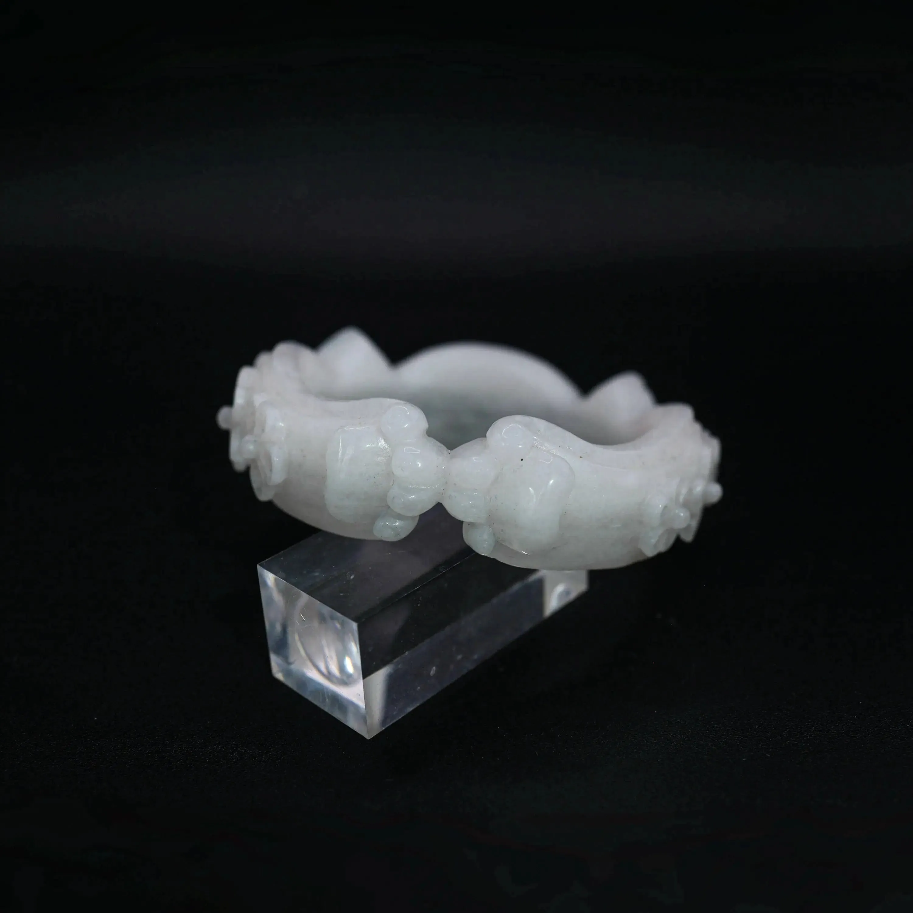 Cat Ear Bracelet – Hand-Carved White Jade Bangle with Floral & Paw Motif