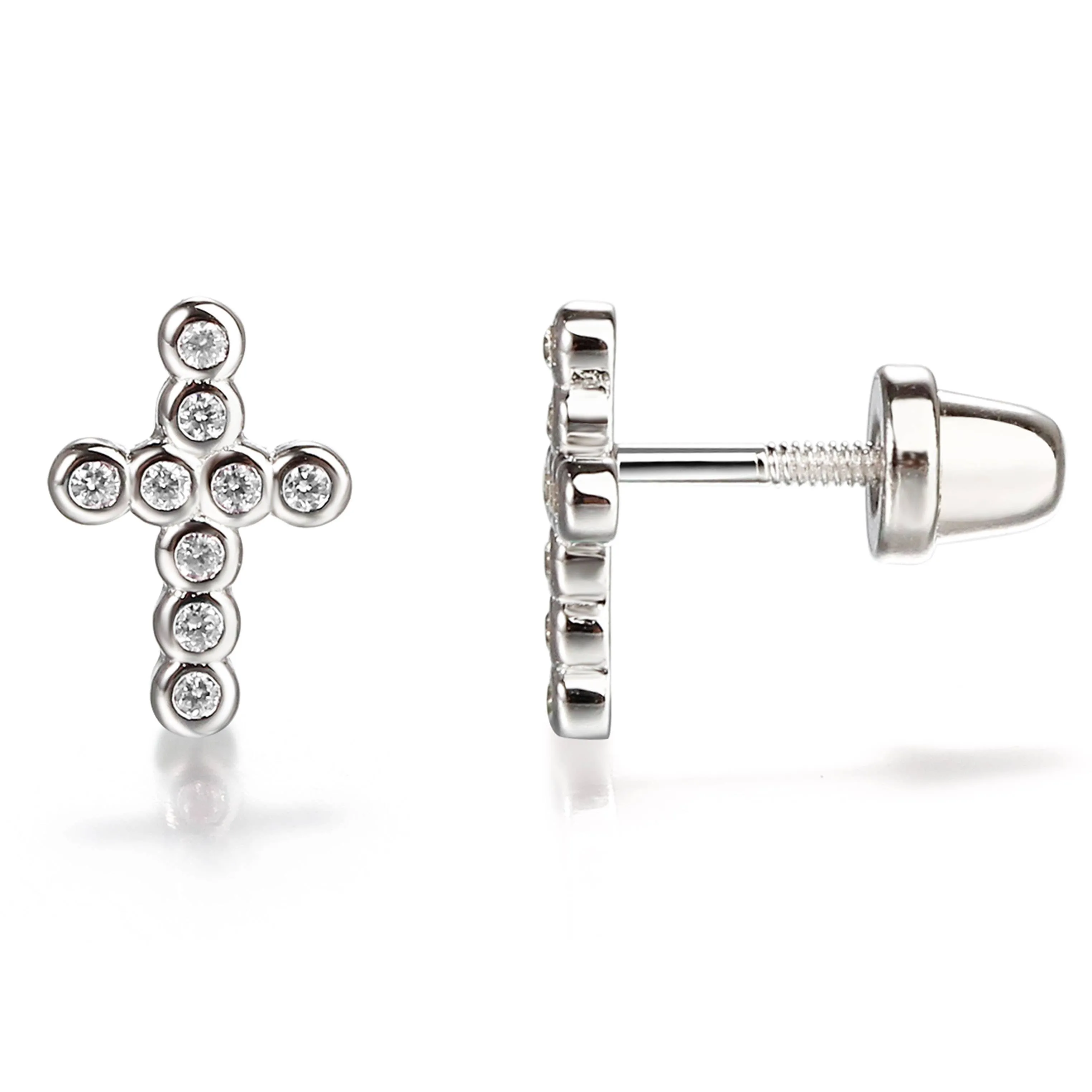 CHE Sterling Silver Baptism Cross CZ Earrings