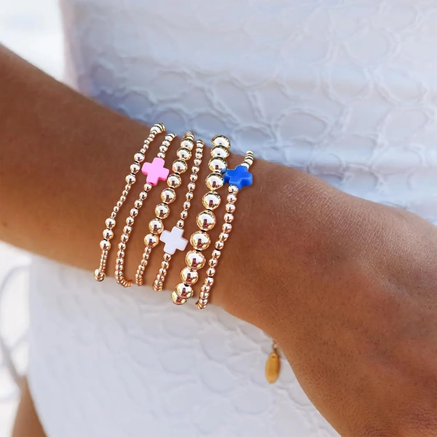 choice of all Gold Bracelets for Women Trendy Beaded Bracelet Non Tarnish Stack Cross Pearl Beaded Stretch Bracelets Jewelry Gifts for Women